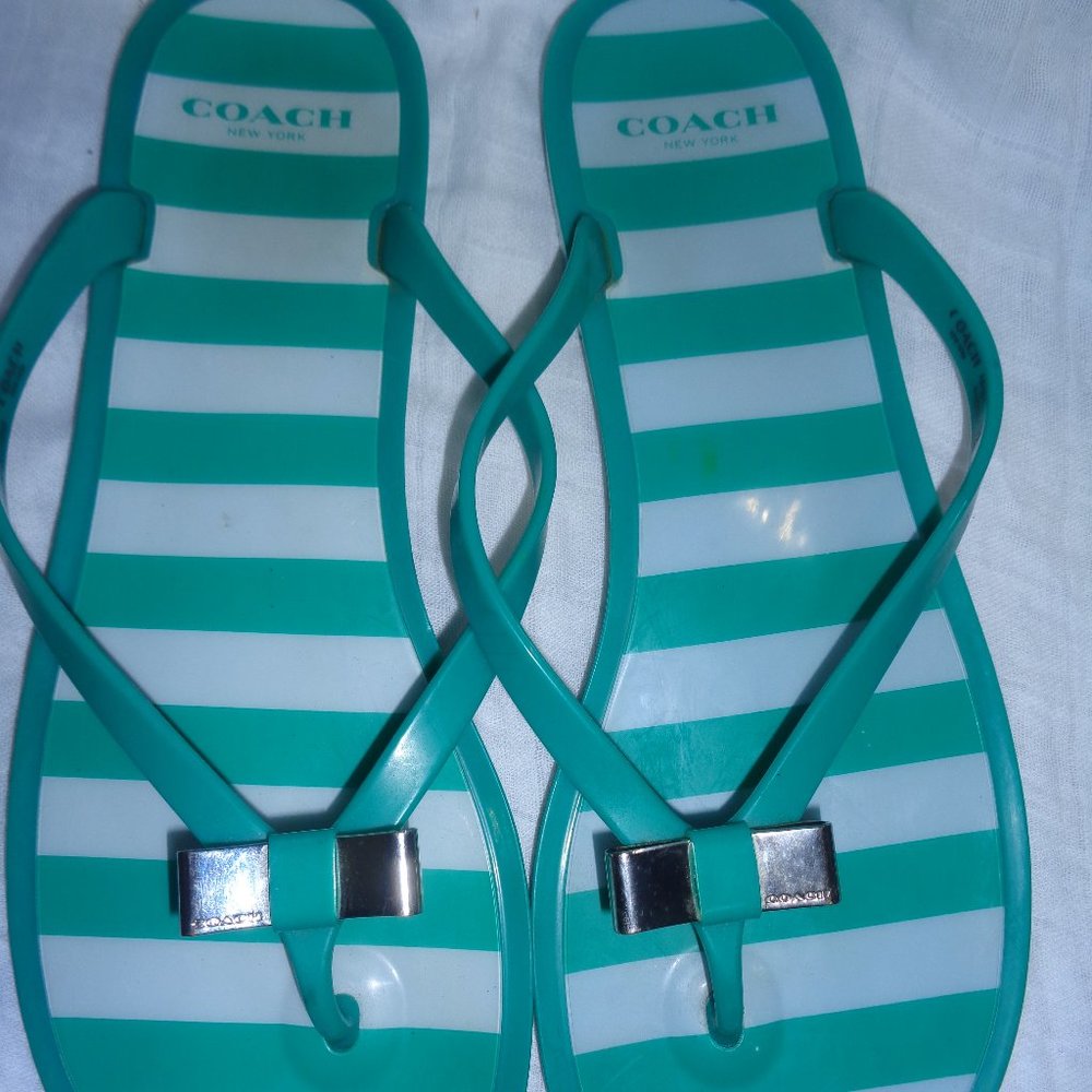Coach Landon Sandals Flip Flop Thong Sandals Metal Bow Stripes Green Size 10
